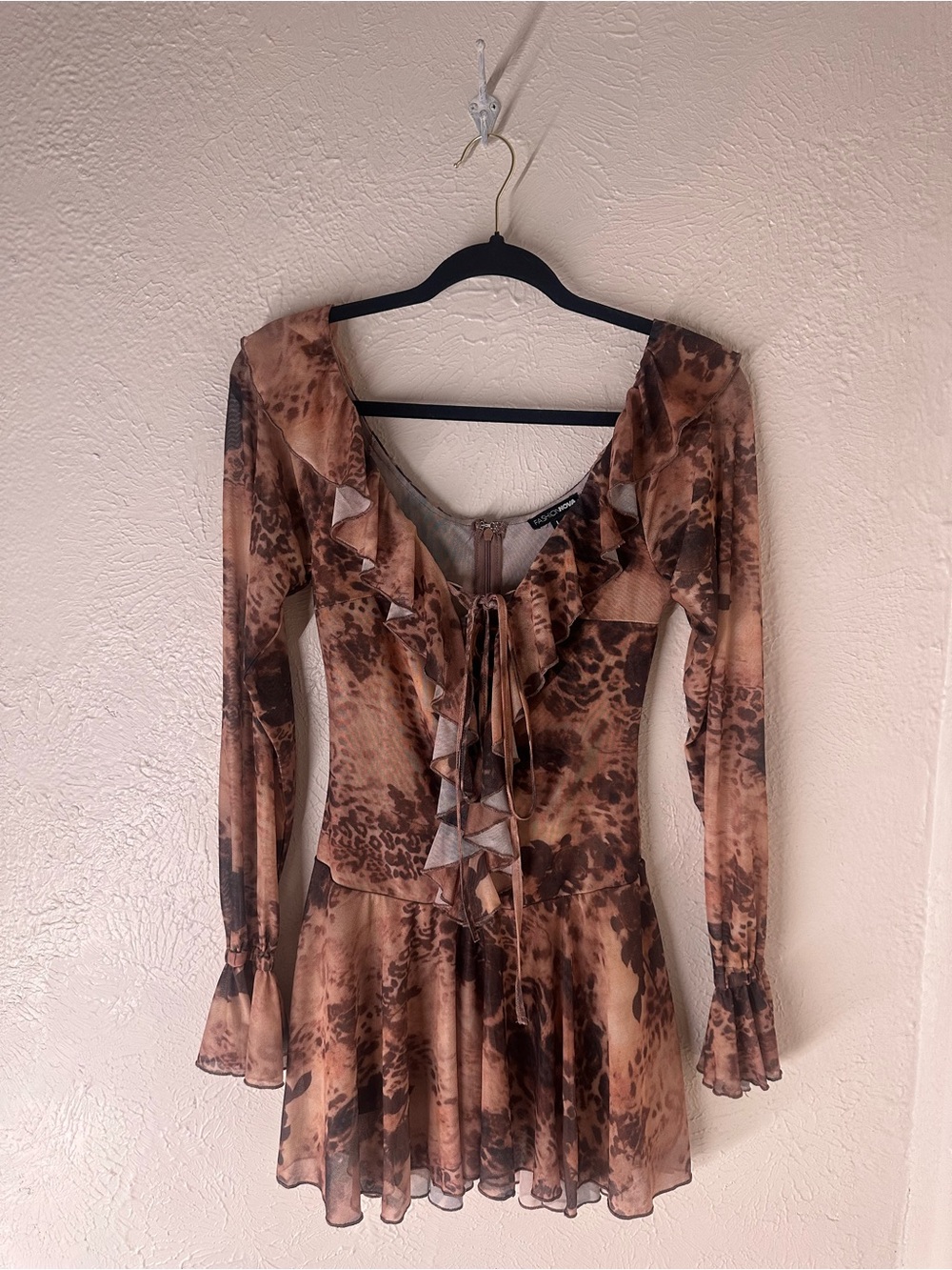 Fashion Nova Brown Animal-Print Long Sleeve Ruffle Mini Dress
